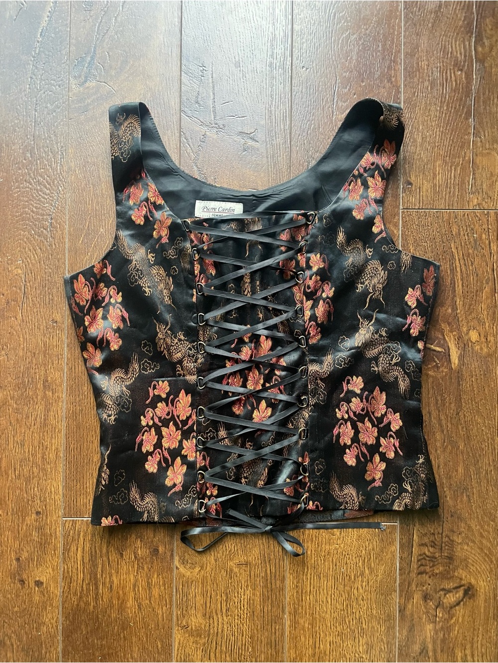 Vintage Canadian Pierre Cardin Floral Lace-Up Satin Bustier Corset Top. Small